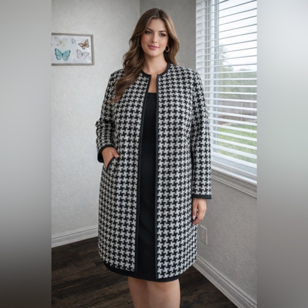 Kasper Houndstooth Coat Black White Long Jacket Size 16
